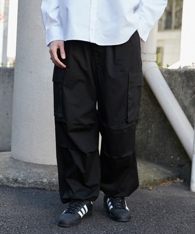 WEGO 【ウエストゴム/SMLサイズ展開】イージーワイドカーゴパンツ ブラック