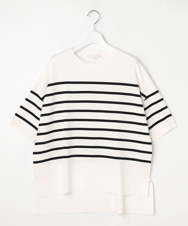 自由区 【接触冷感・UVカット・WEB限定カラーあり】クレープストレッチプルオーバー ニット [新色]オフ×ネイビー(ラメ)