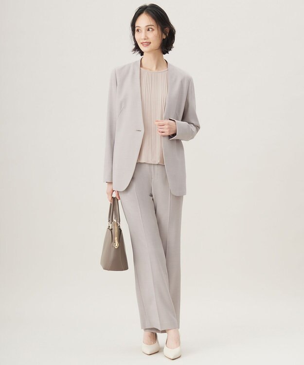 自由区 【セットアップ対応・洗える】ウールブレンドセットアップノーカラー ジャケット ライトグレー系