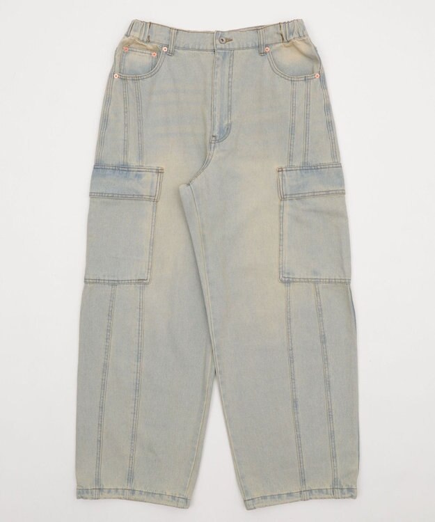 WEGO 【SMLサイズ展開/ウエスト紐】イージー3Dバレルレッグデニムカーゴパンツ デニム淡色