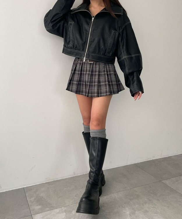 WEGO 配色ステッチWZIPショートブルゾン ブラック