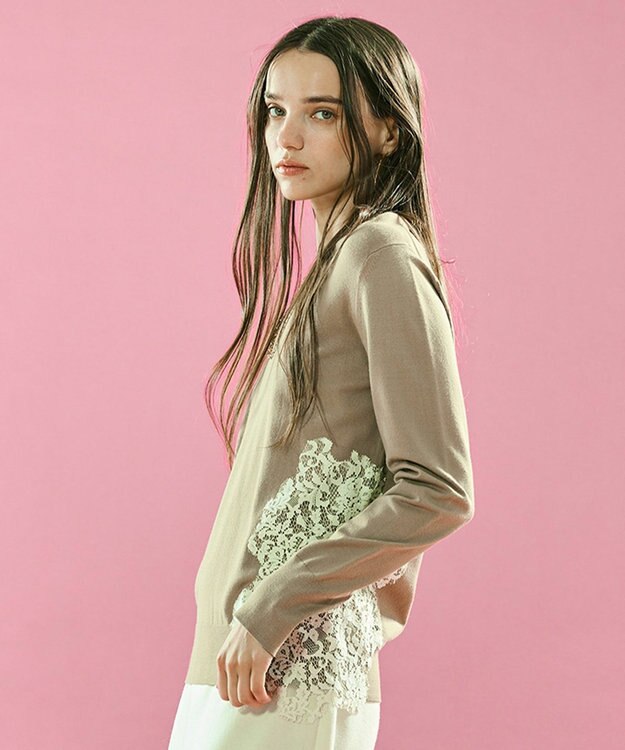 BEIGE， 【ご好評により新色追加！洗える】WILLOW / アシンメトリーレースクルーネックニット Milk tea×Ecru