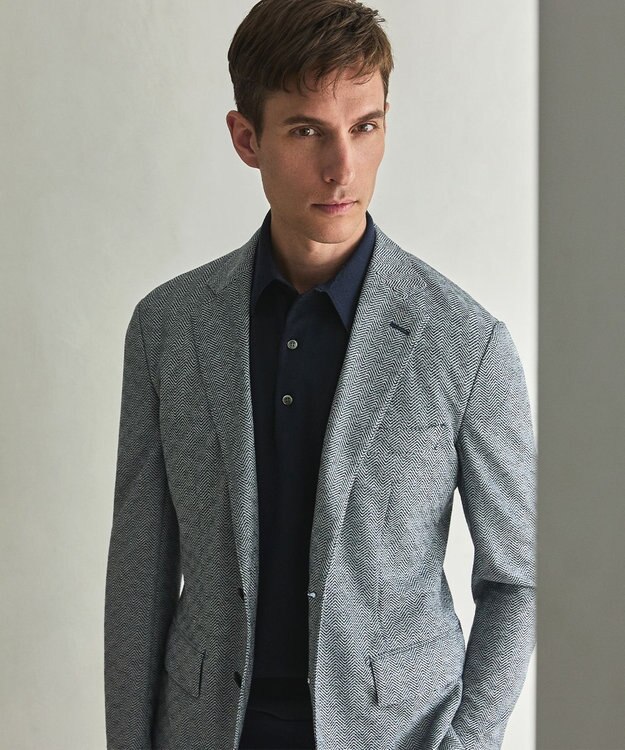 GOTAIRIKU ３年連続売上NO1【吸水速乾/洗える/ストレッチ】ノルマンディーリネン カーディガンジャケット(25/26年モデル) サックスブルー×ヘリンボーン柄(26年新色)