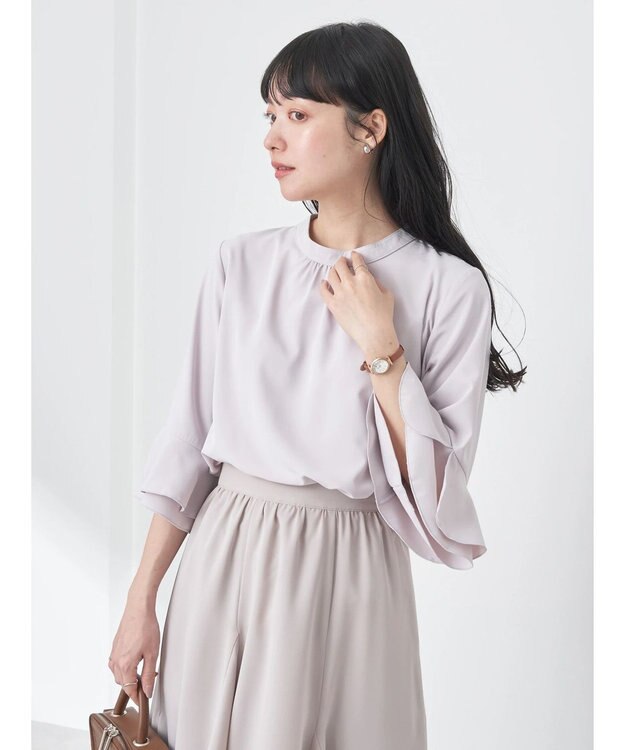 earth music&ecology ラッフル７分袖ブラウス Pink Beige