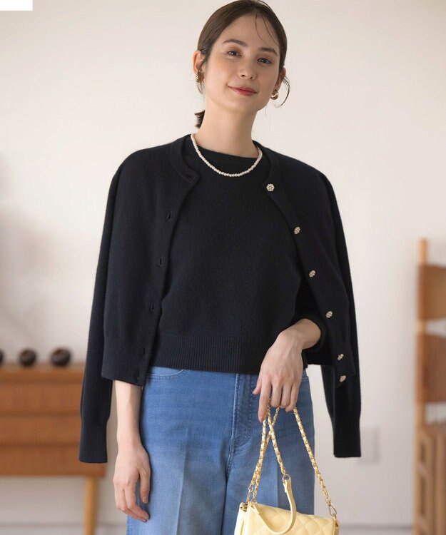 組曲 L 【アンサンブル対応可】ピュアカシミヤ ビジューカーディガン ブラック系