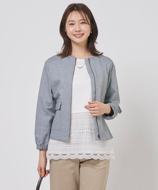 J.PRESS LADIES L TCリネン ドライツイル ノーカラー ブルゾン グレーシャンブレー系