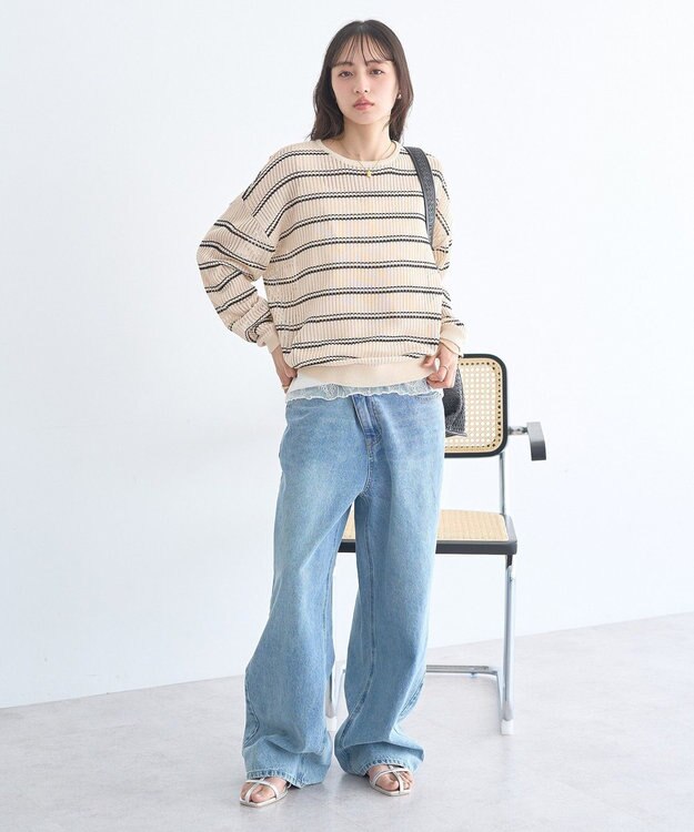 earth music&ecology ボーダーニットプルオーバー Beige