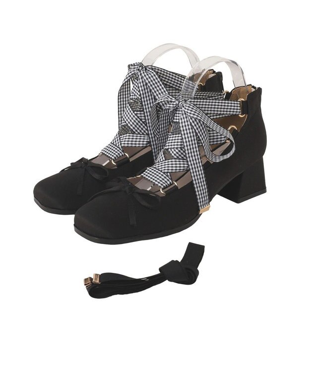 Maison de FLEUR レースアップサテンパンプス Black