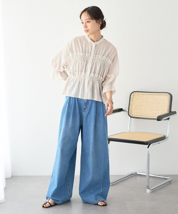 earth music&ecology シャーリングストライプシャツ Stripe Beige