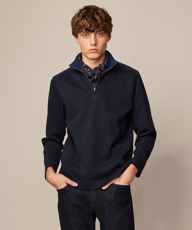 JOSEPH ABBOUD 【キングサイズ・快適な着心地・イージーケア】カノコダブルフェイス ハイネック ZIP プルオーバー ネイビー系