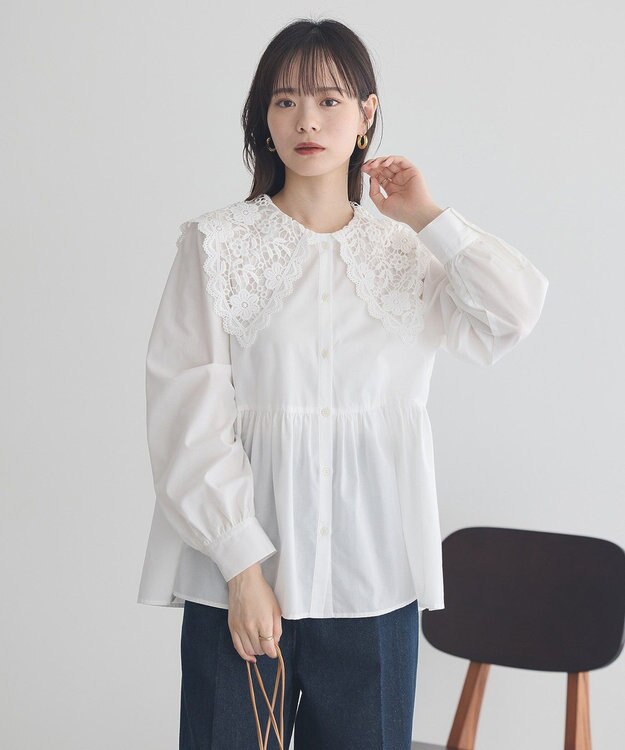 earth music&ecology 【コットン混】レース襟フレアヘムブラウス Off White