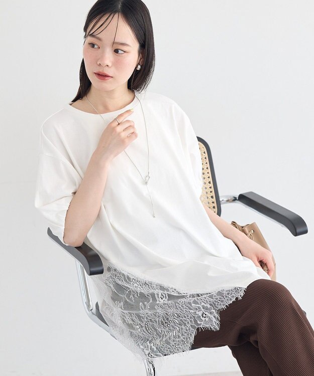 earth music&ecology アシメレースビッグTシャツ Off White