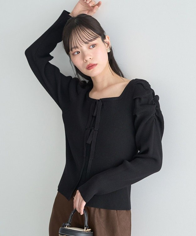 earth music&ecology レイヤード風ギャザーショルダーリブニット Black