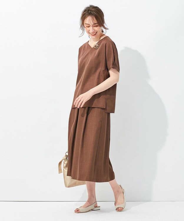 自由区 【接触冷感・速乾・UVカット・撥水・防シワ】リネンライクツイル タックスカート ダークブラウン系