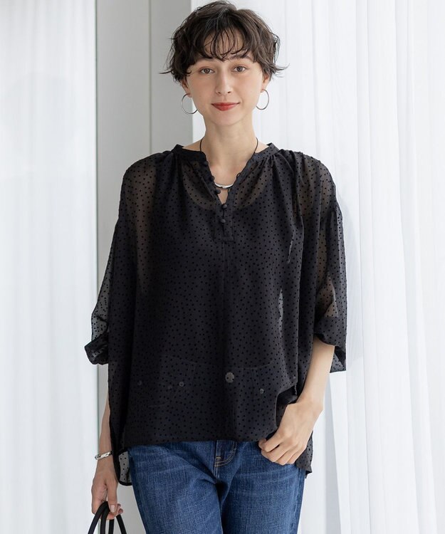 23区 L 【洗える】ドットフロッキー ボリュームスリーブ ブラウス ブラック系