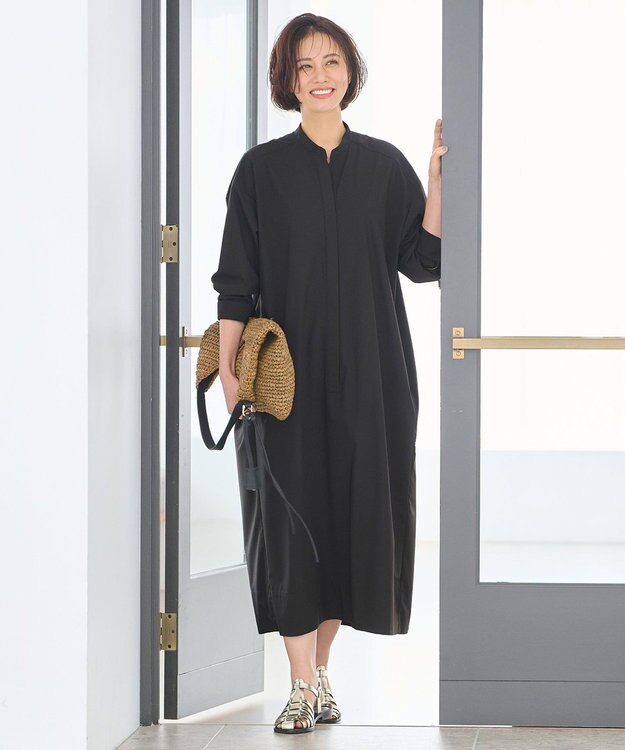 自由区 L 【洗える】ストレッチタイプライターシャツ ワンピース ブラック系