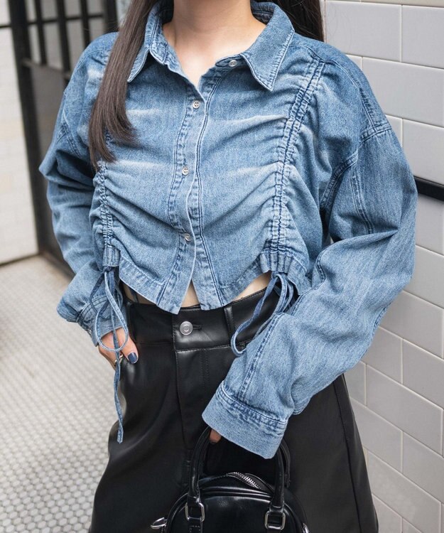 WEGO ドロストデニムショートシャツ デニム中濃加工色