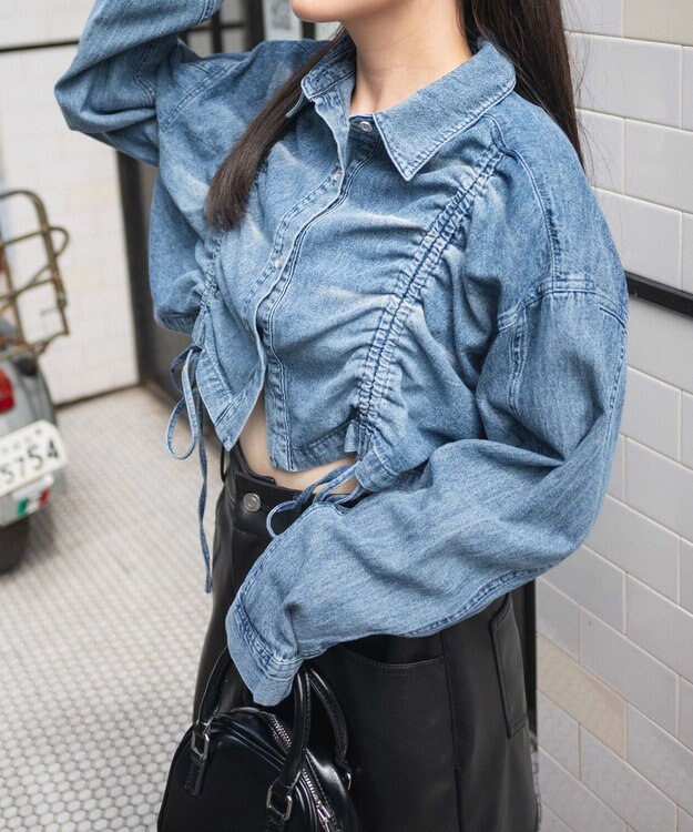 WEGO ドロストデニムショートシャツ デニム中濃加工色