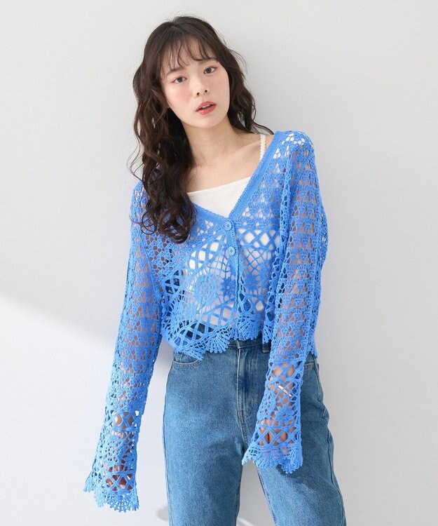 earth music&ecology クロシェ風Ｖネックカーディガン Blue
