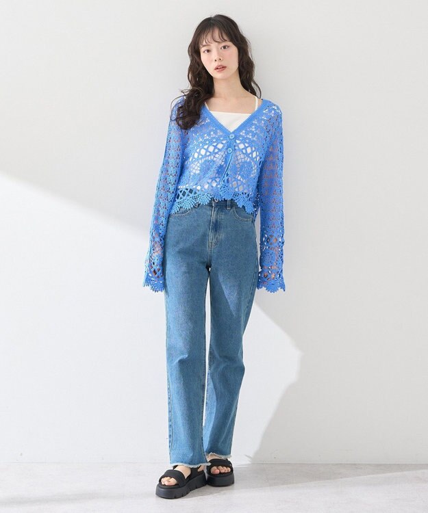 earth music&ecology クロシェ風Ｖネックカーディガン Blue