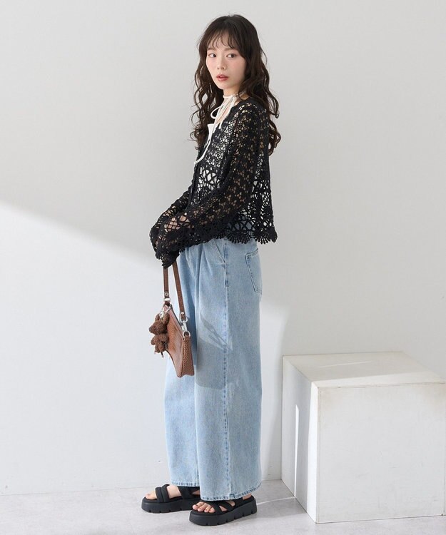 earth music&ecology クロシェ風Ｖネックカーディガン Black