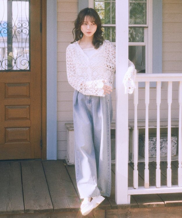 earth music&ecology クロシェ風Ｖネックカーディガン Ivory