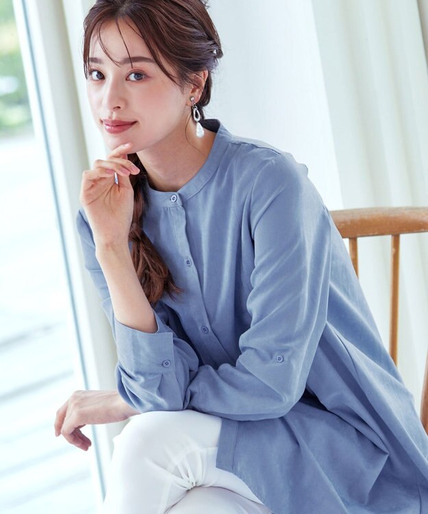 Tiaclasse 【洗える】ピーチスキンシャツチュニックブラウス サックス