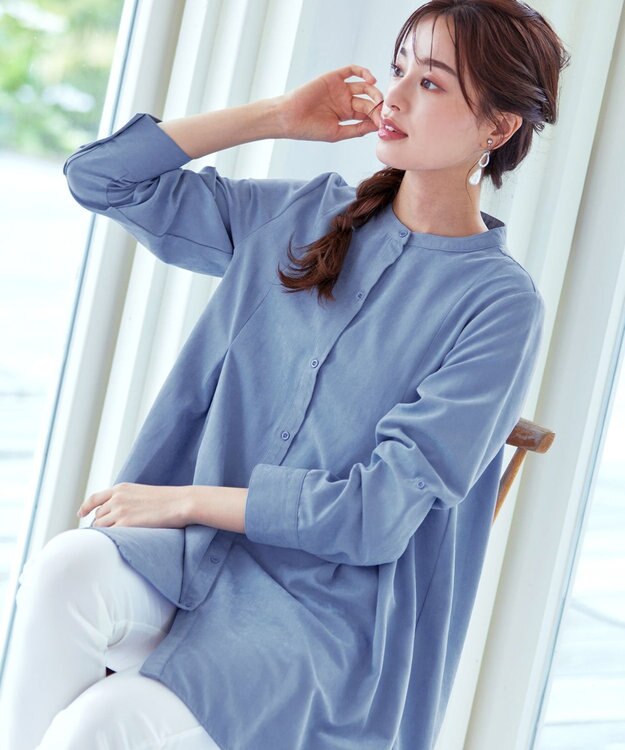 Tiaclasse L 【洗える】ピーチスキンシャツチュニックブラウス サックス