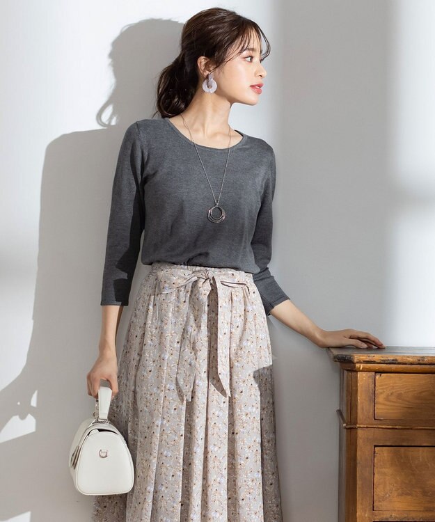 Tiaclasse 【洗える】異素材を組み合わせた花柄ドッキングワンピース チャコールグレー