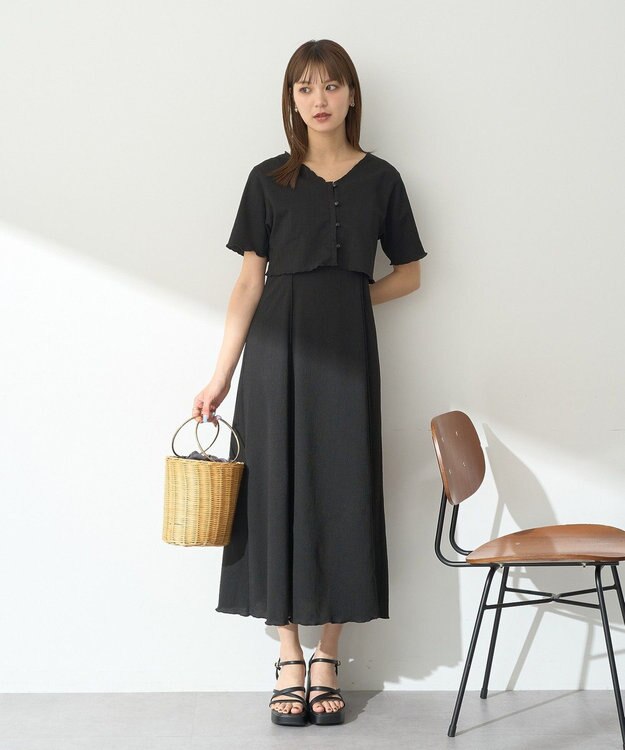 earth music&ecology ＳＥＴ２点ギャザーカットカーデ＋キャミワンピース Black