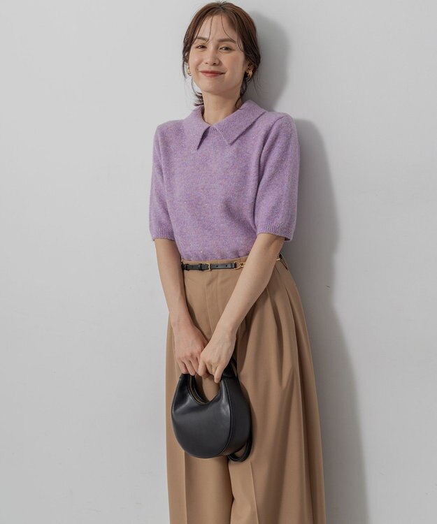 組曲 【加藤ローサさん着用 / 襟取り外し可】スパンコールヤーン 5分袖ニット ライラック系