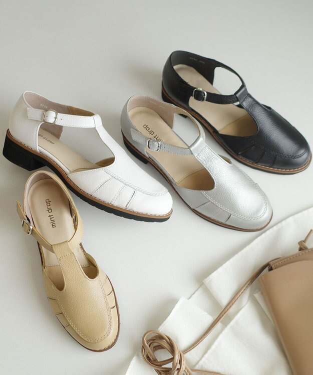 Pointer 本革 通気性Tストラップパンプス ホワイト