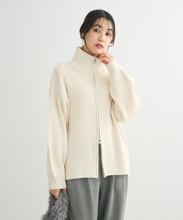 Green Parks ＺＩＰ付き畦ニットチュニック Off White