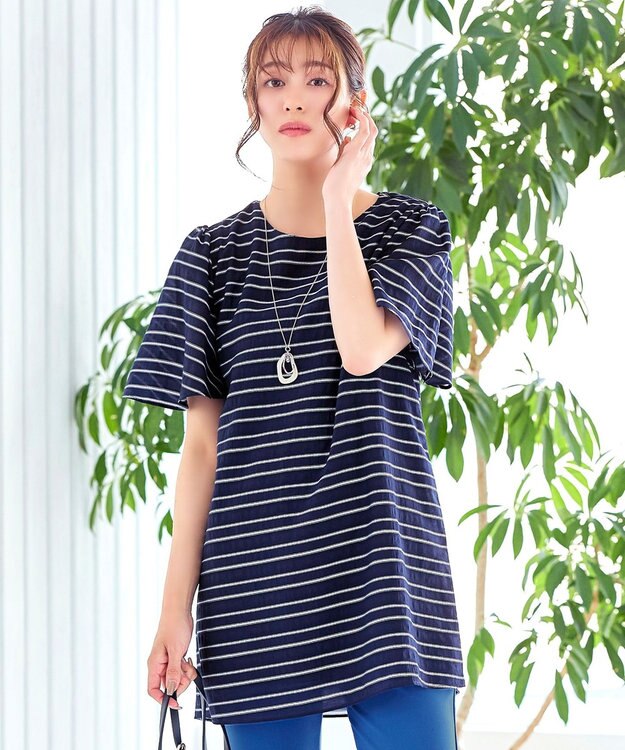 Tiaclasse 【洗える】ランダムボーダーチュニックブラウス ネイビー