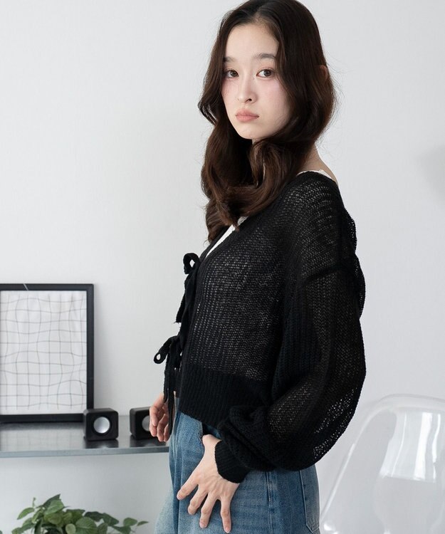 WEGO 【25年秋冬新作】モヘアタッチ2WAYリボンカーデ ブラック