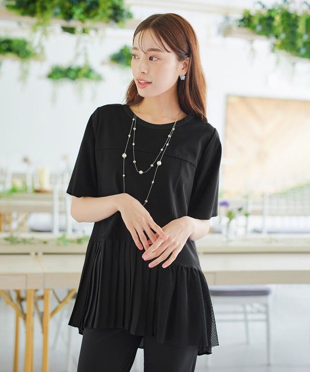 Tiaclasse 【洗える】   メッシュプリーツドッキングプルオーバー ブラック