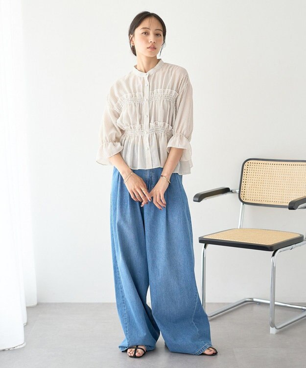 earth music&ecology シャーリングストライプシャツ Stripe Beige