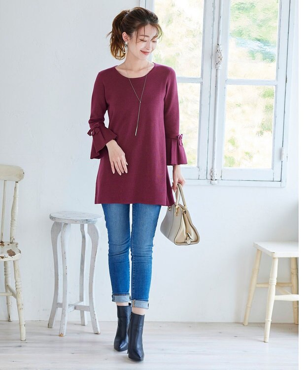 Tiaclasse L 【洗える】ミラノリブ編みのフレア袖ニットチュニック ワイン