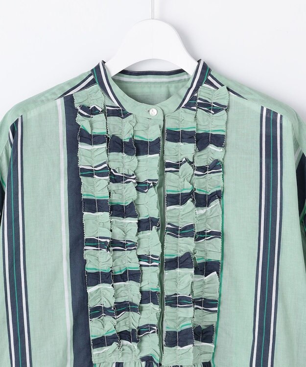 自由区 L 【着映える・涼やか】コットンストライププリントフリル ブラウス グリーンストライプ