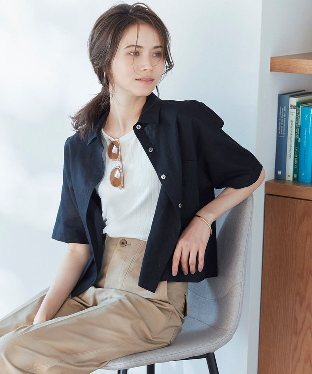 新品　SLOW　23区　洗えるリネンコットン 半袖クロップドシャツ　半袖ブラウス SLOW/洗える】リネンコットン 半袖クロップドシャツ / 23区