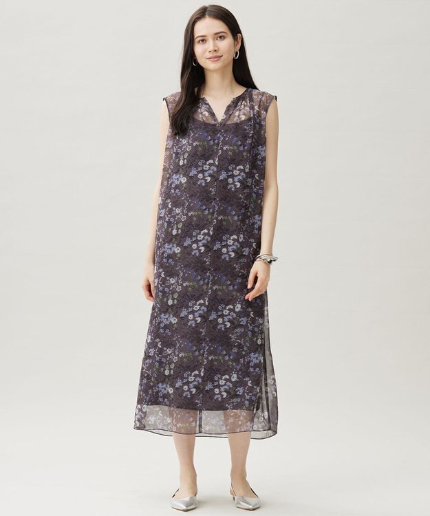 自由区 L 【カタログ掲載・洗える】ボタニカルフラワープリント ワンピース セピア系