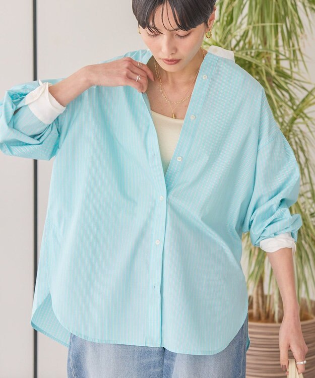 AMERICAN HOLIC イージーケアバンドカラーロングシャツ Stripe Green