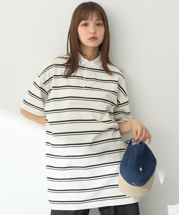 earth music&ecology ボーダールーズラガーシャツ Ivory