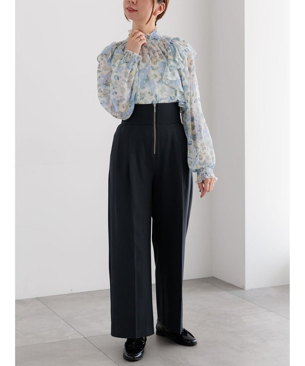 Te chichi フラワーパターンシアーフリルブラウス ブルー