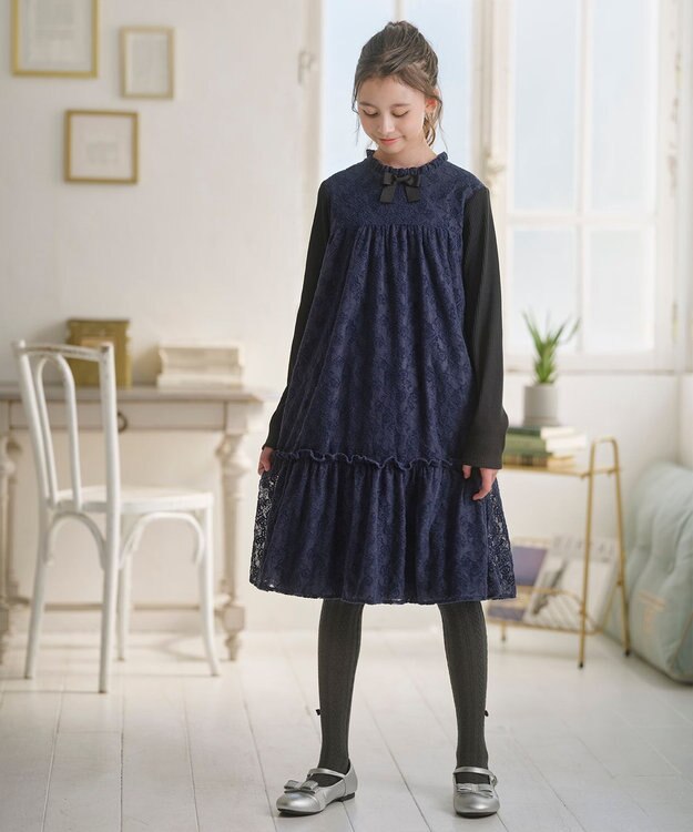 組曲 KIDS 【150-160㎝】スノウレースワンピース ネイビー