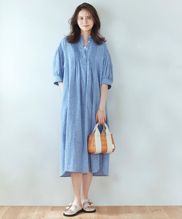 23区 S 【SLOW/洗える】リネンコットン シャツワンピース ブルー系
