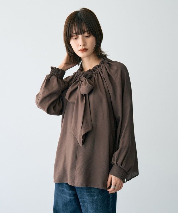 YECCA VECCA フリルギャザーボウタイブラウス Brown