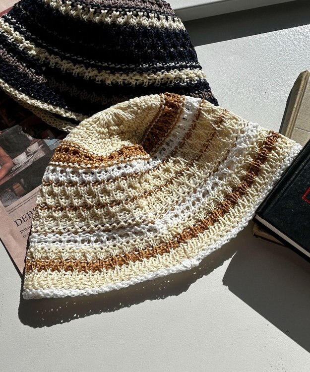 WEGO クロシェ編みボーダーハット オフホワイト