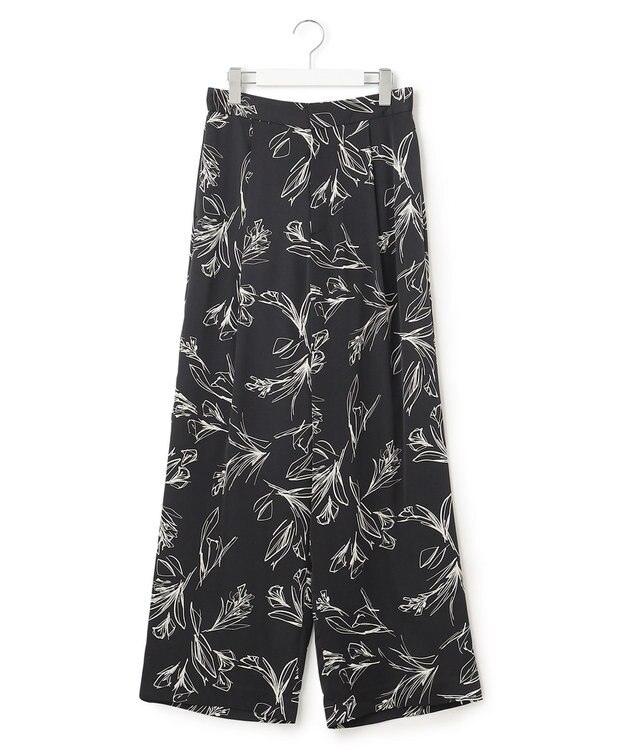 23区 【洗える】ラインフラワープリント ワイドパンツ ブラックプリント