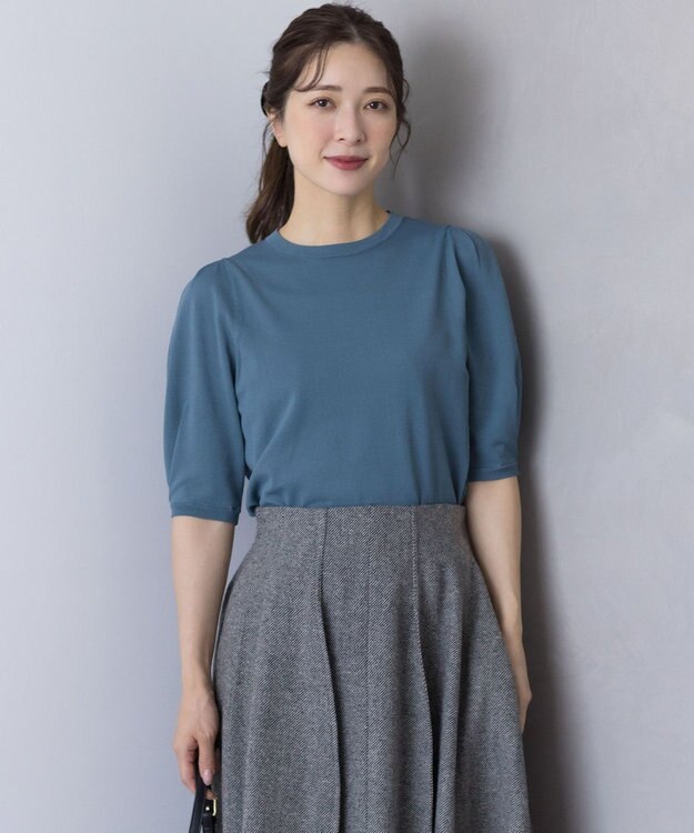 組曲 クルミボタン5分袖ニット チャコールブルー系